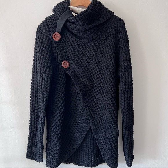 MIRACLE Black Cowl Neck Waffle Knit Long Sleeve Sweater M/L - Picture 2 of 11